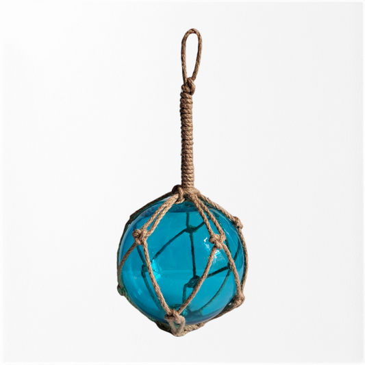Glass Buoy Wrapped In Rope - 15cm Blue