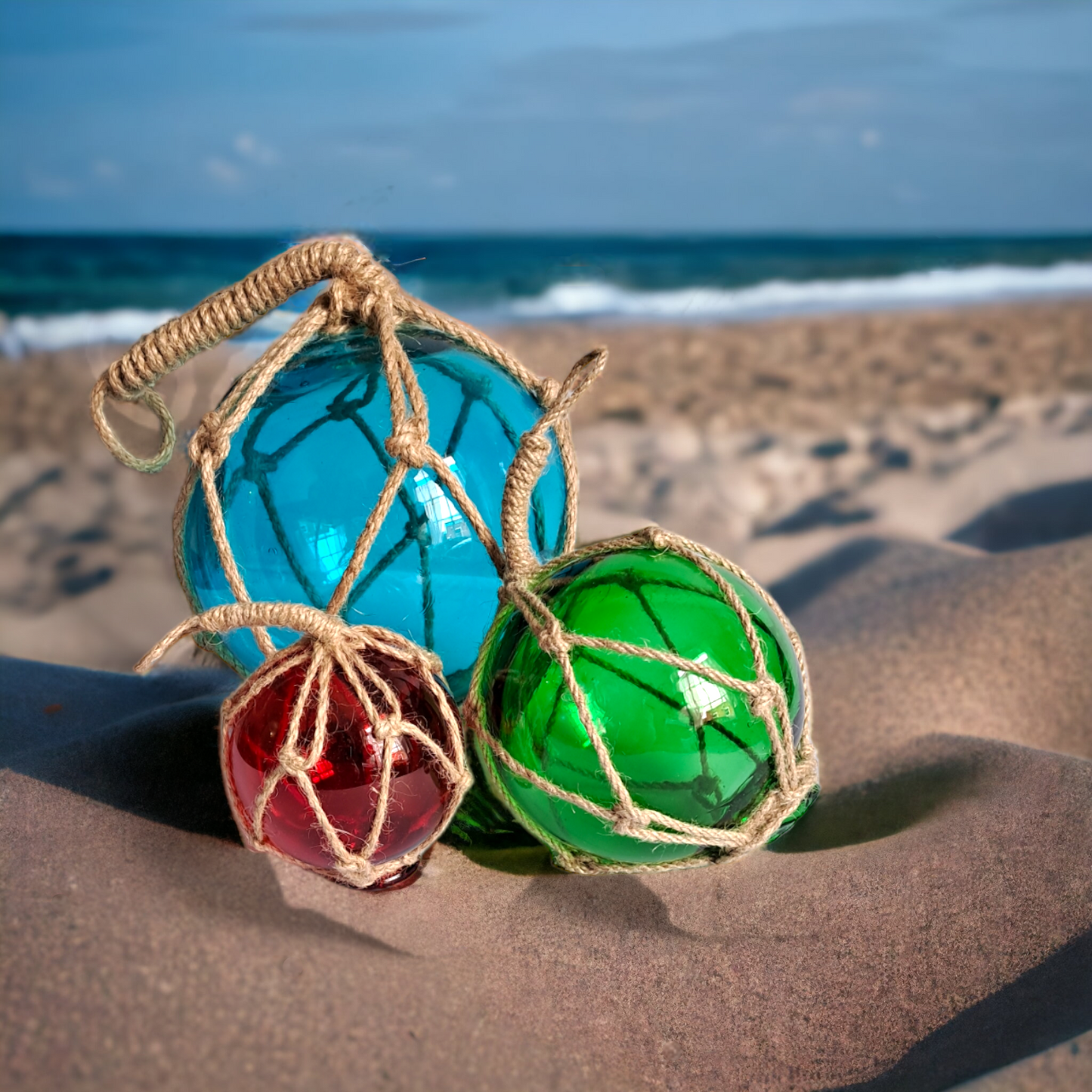 Glass Buoy Wrapped In Rope - 8cm Red