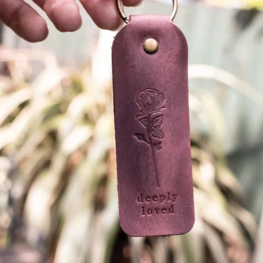 "Deeply Loved" Floral Leather Keyring - Redwood
