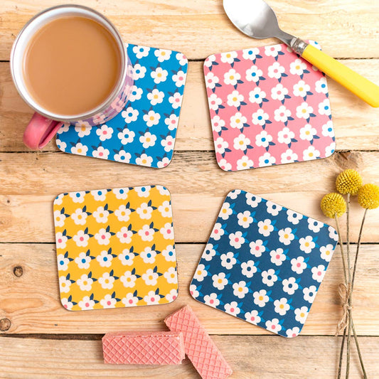 Enamelhappy - SET OF FOUR MIXED COLOURFUL COASTERS - Retro Floral