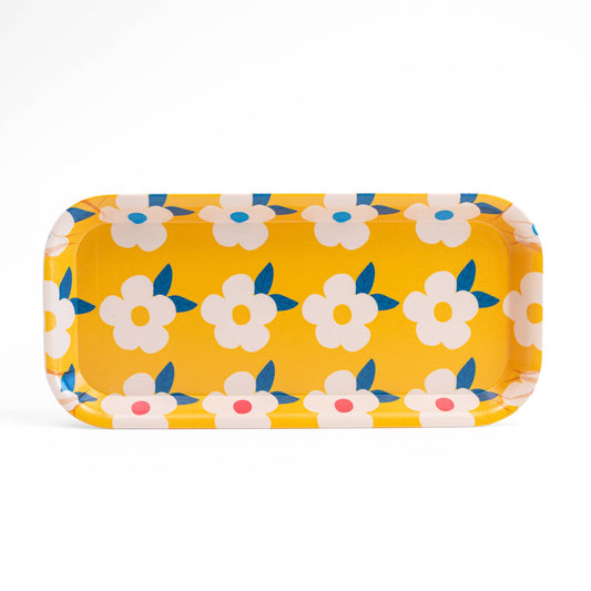 Enamelhappy - Retro Floral Tray Cute Navy Blue Print - Funky Pretty: Yellow