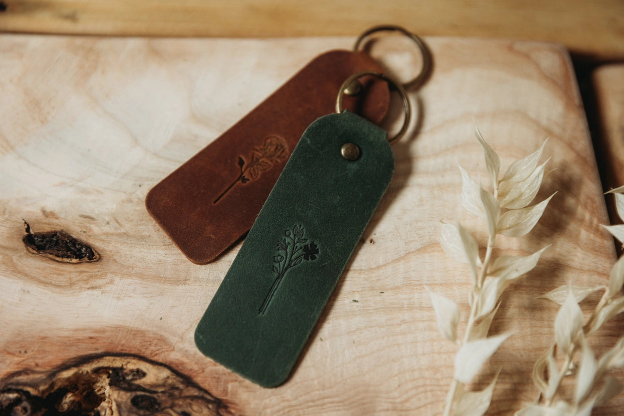 Wildflower Floral Leather Keyring - Conker