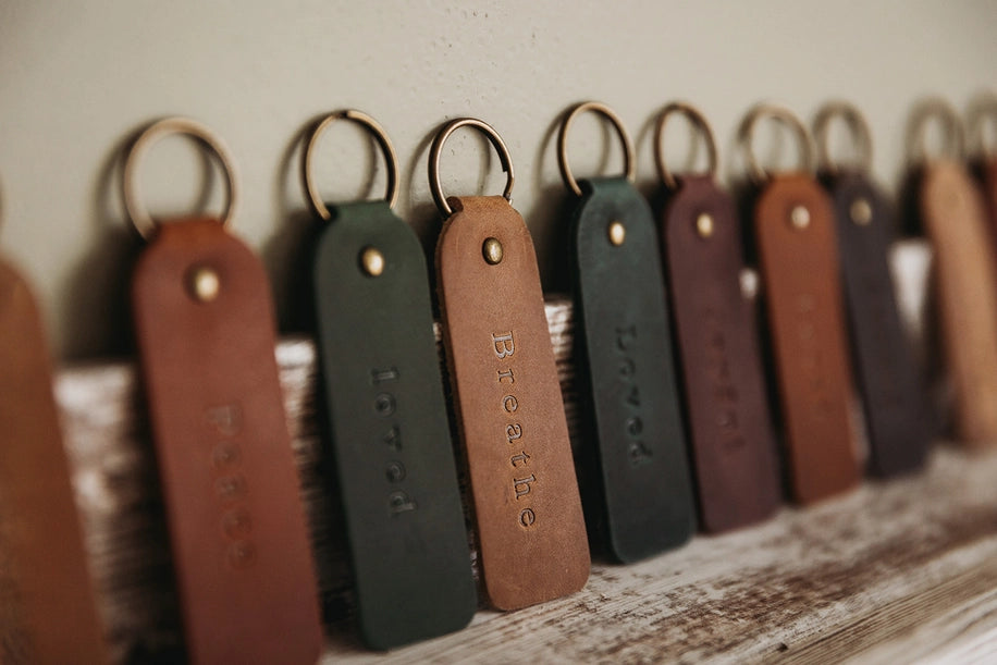 "HOME" Leather Encouragement Keyring - Evergreen