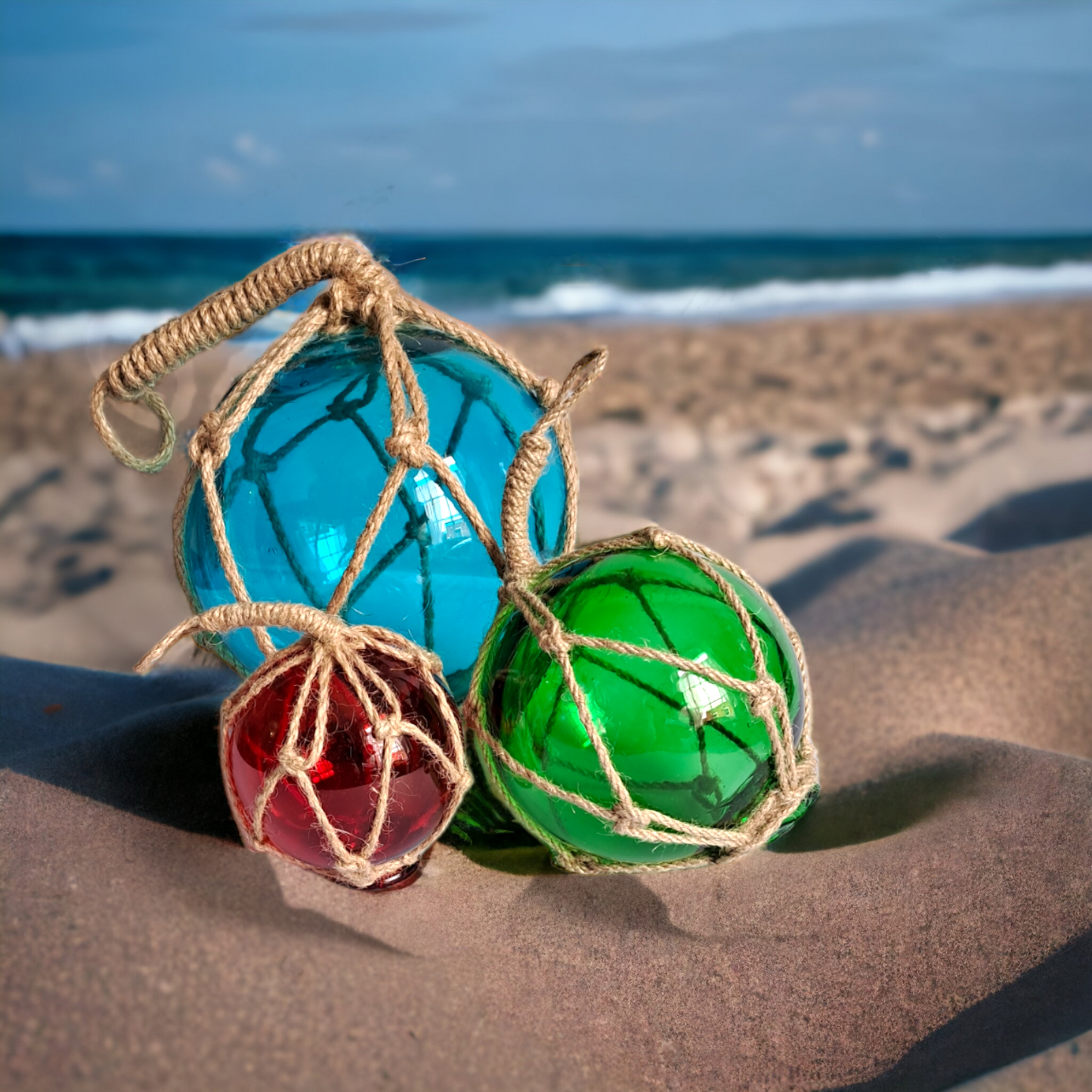 Glass Buoy Wrapped In Rope - 10cm Green