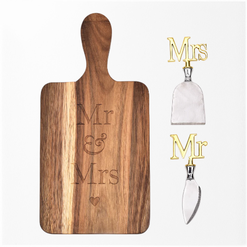 Mr & Mrs Acacia Cheese Board Paddle Set