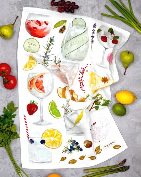 Illustrated Gin and Tonic (G&T) Tea Towel