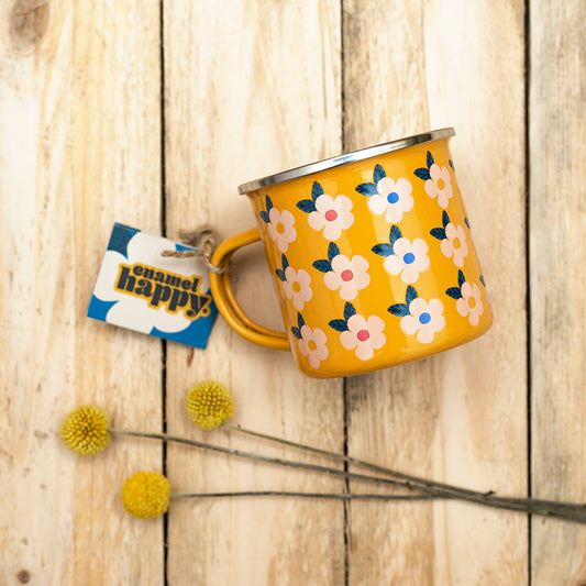 Enamelhappy - FUNKY TEAL BLUE ENAMEL MUG - Stylish Retro Camping Camper: Honey yellow