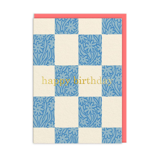 Checker Floral Happy Birthday Card