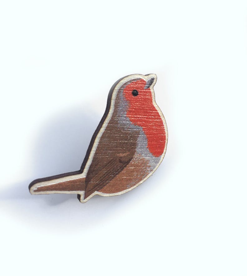 Sustainably Sourced Wooden Pin Badge - Robin