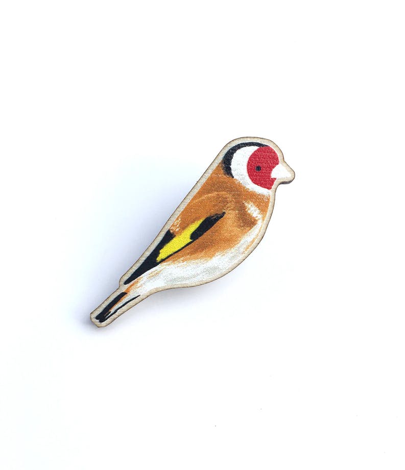 Sustainably Sourced Wooden Pin Badge - Goldfinch