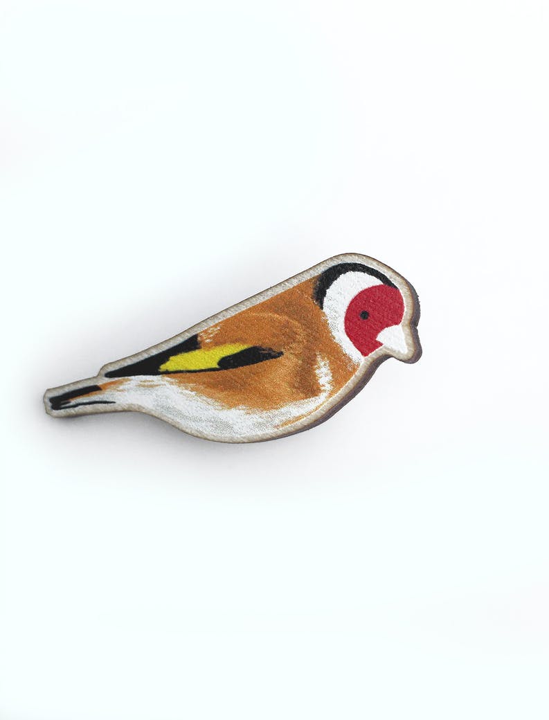 Sustainably Sourced Wooden Pin Badge - Goldfinch
