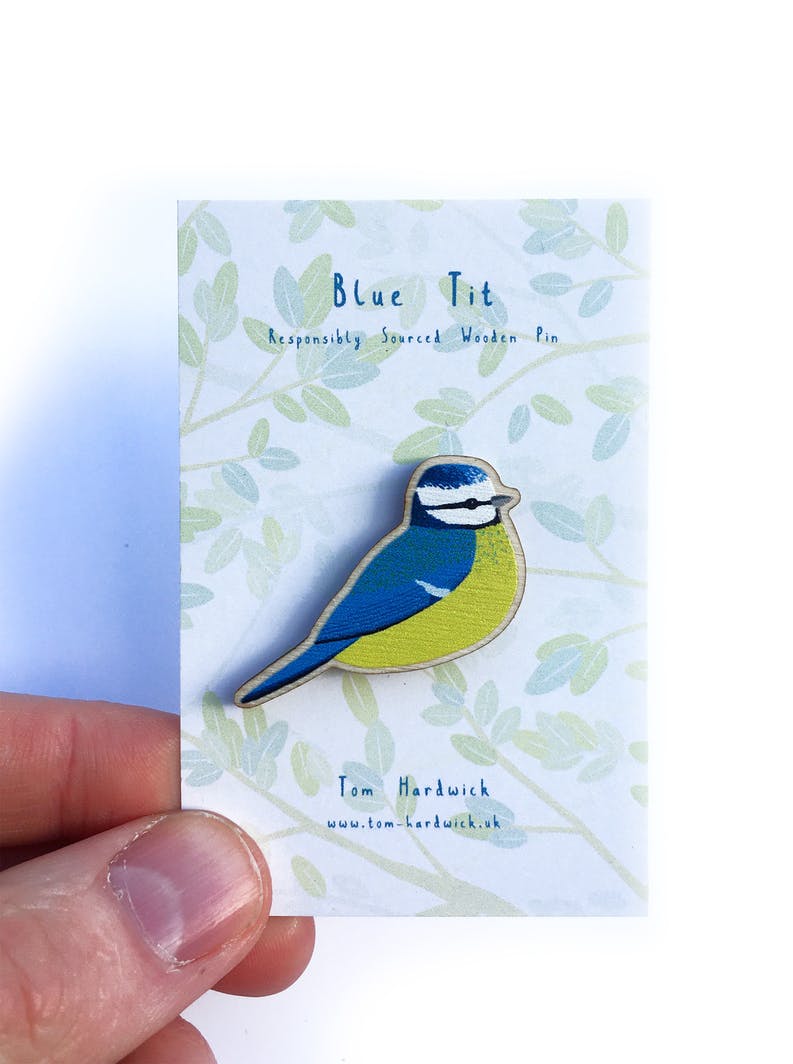 Sustainably Sourced Wooden Pin Badge - Blue Tit