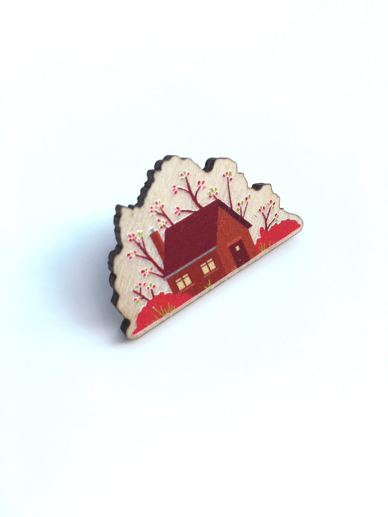 Sustainably Sourced Wooden Pin Badge - Countryside Cabin