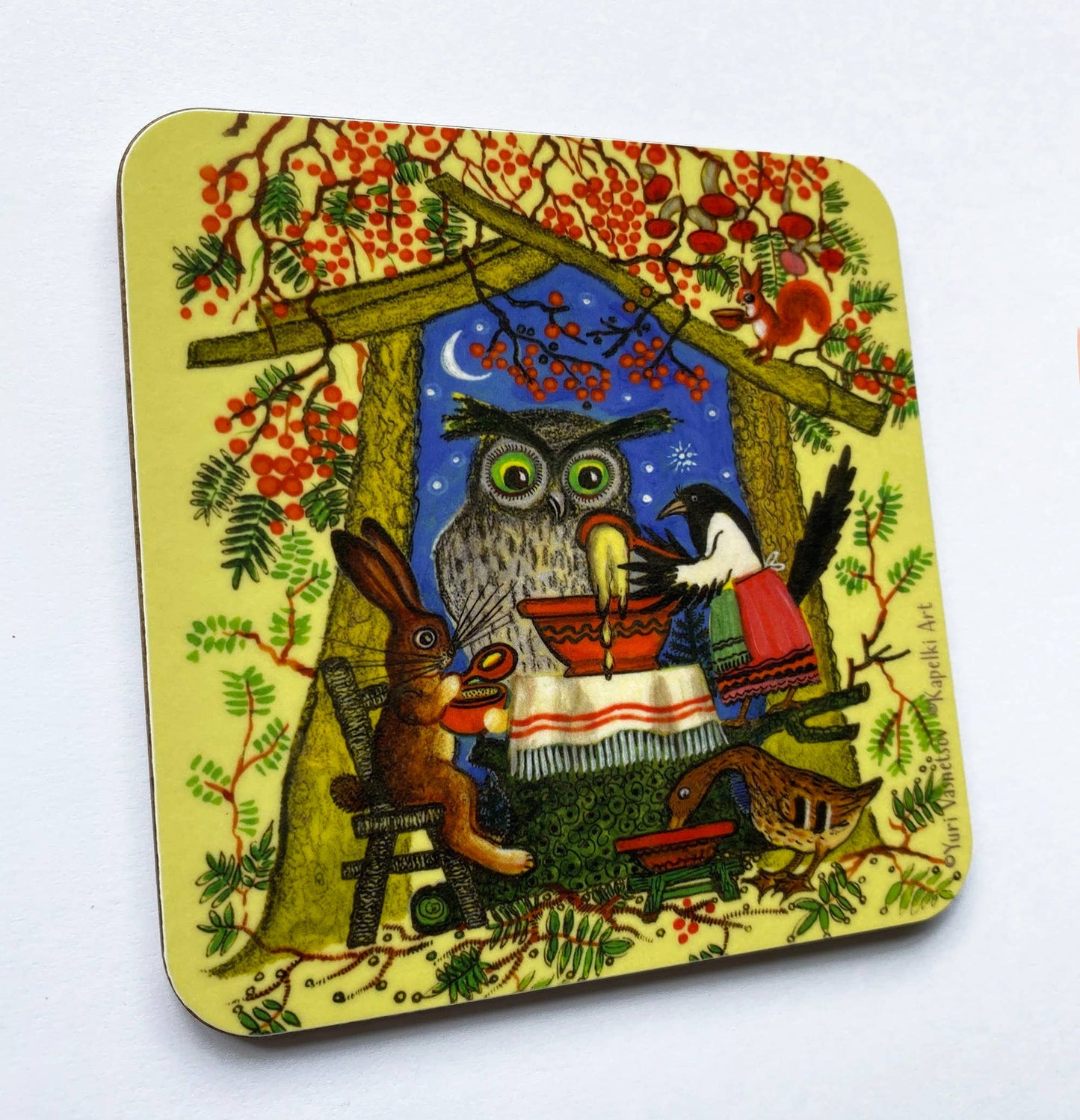 Owl and Magpie Dinner Cork Coaster