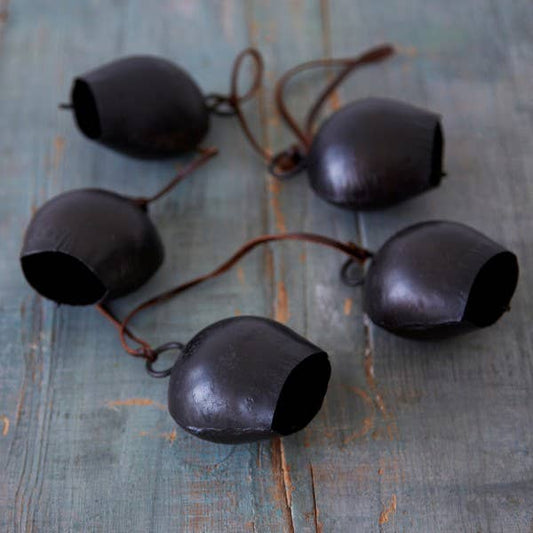 Fair Trade Handmade String of 5 Black Hanging Garden Cow Bells