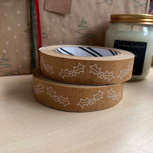 Festive Biodegradable Paper Tape 24mm x 50m: Holly