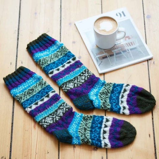 Fair Trade Woollen Fairisle Socks - Green, Blue and Purple